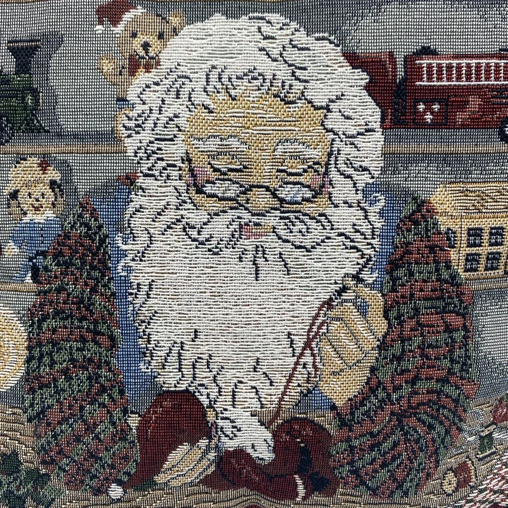 Christmas Tapestry Throw Pillow‎ Santa's Workshop Toys Blocks Bear Sewing 16x16